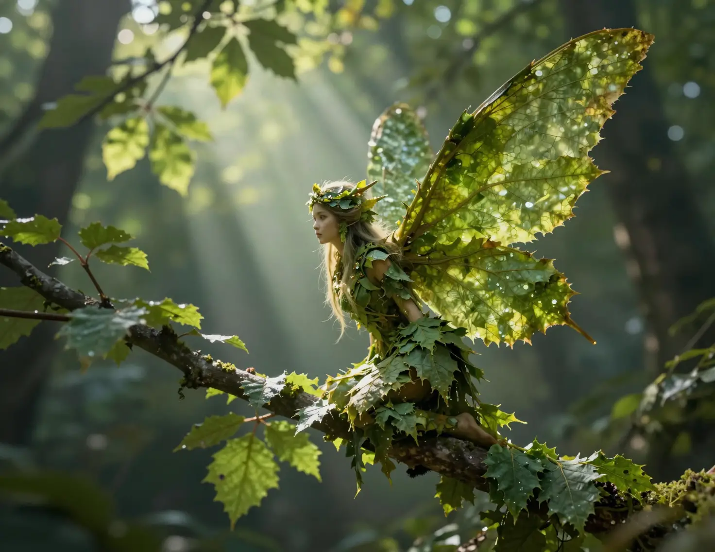 Leaf fairy hiding in forest branch with backlight