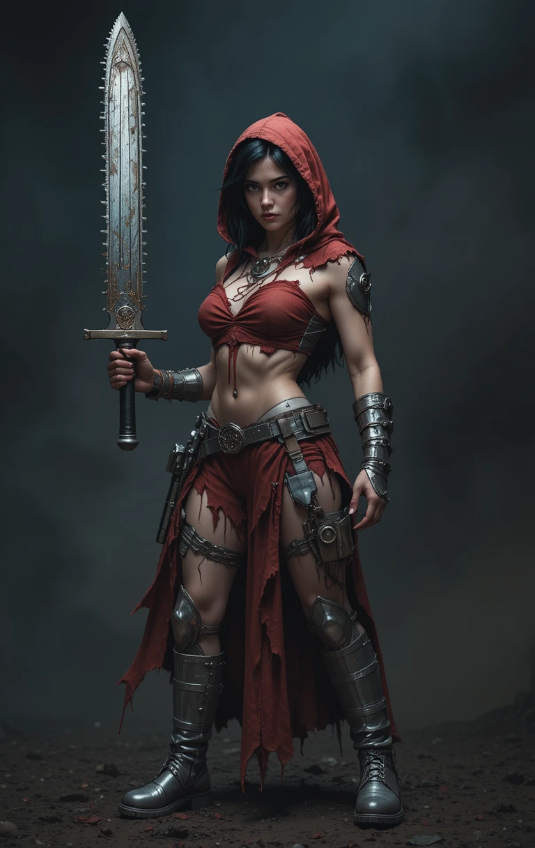 Muscular warrior woman with chainsaw sword in smoke