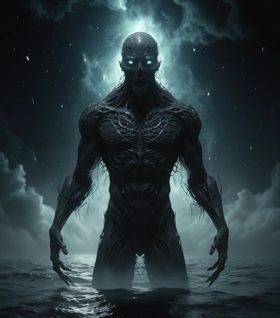Ancient cosmic monster rising from a black ocean