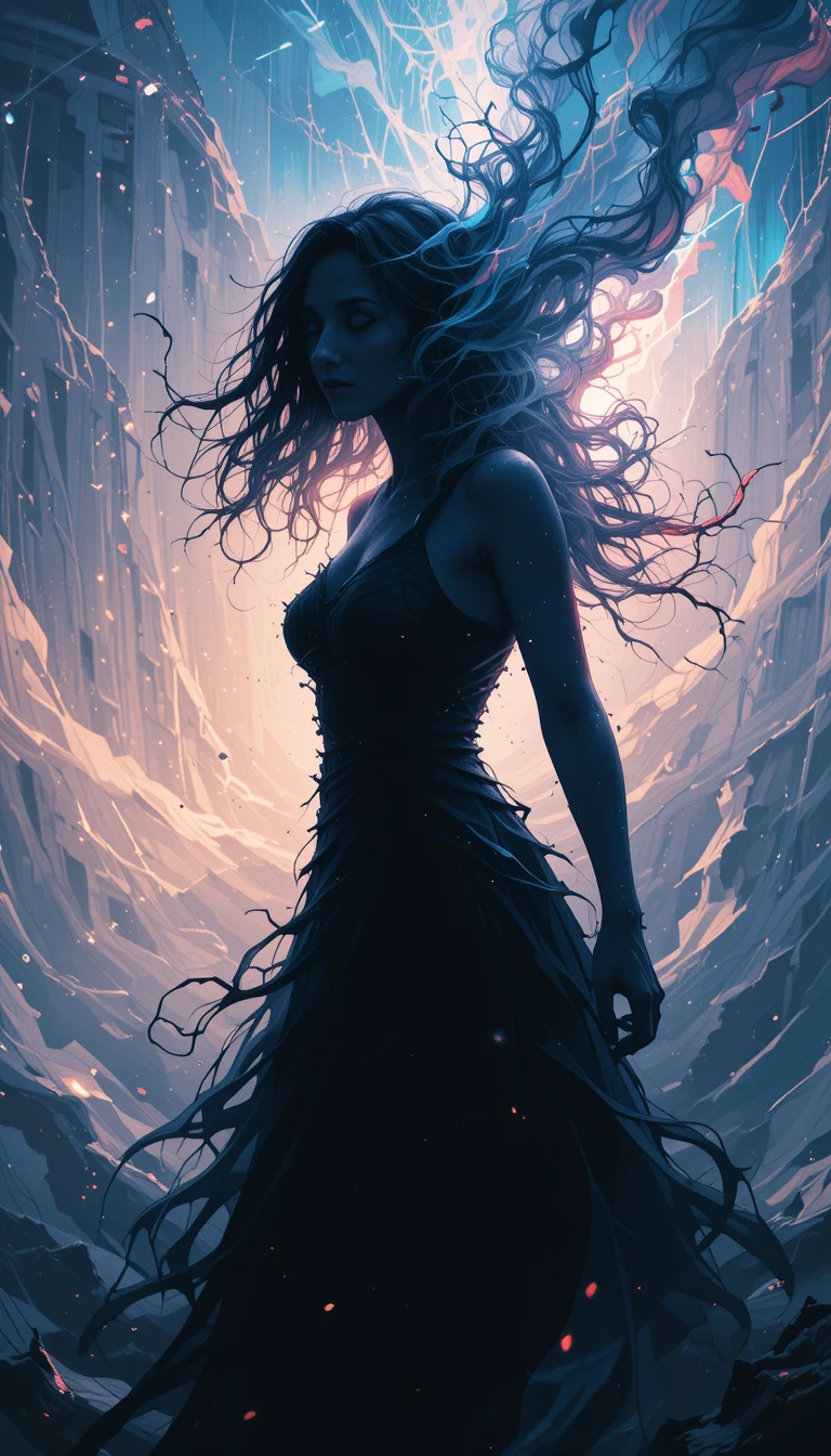 Silhouetted woman dissolving into storm light and shadow
