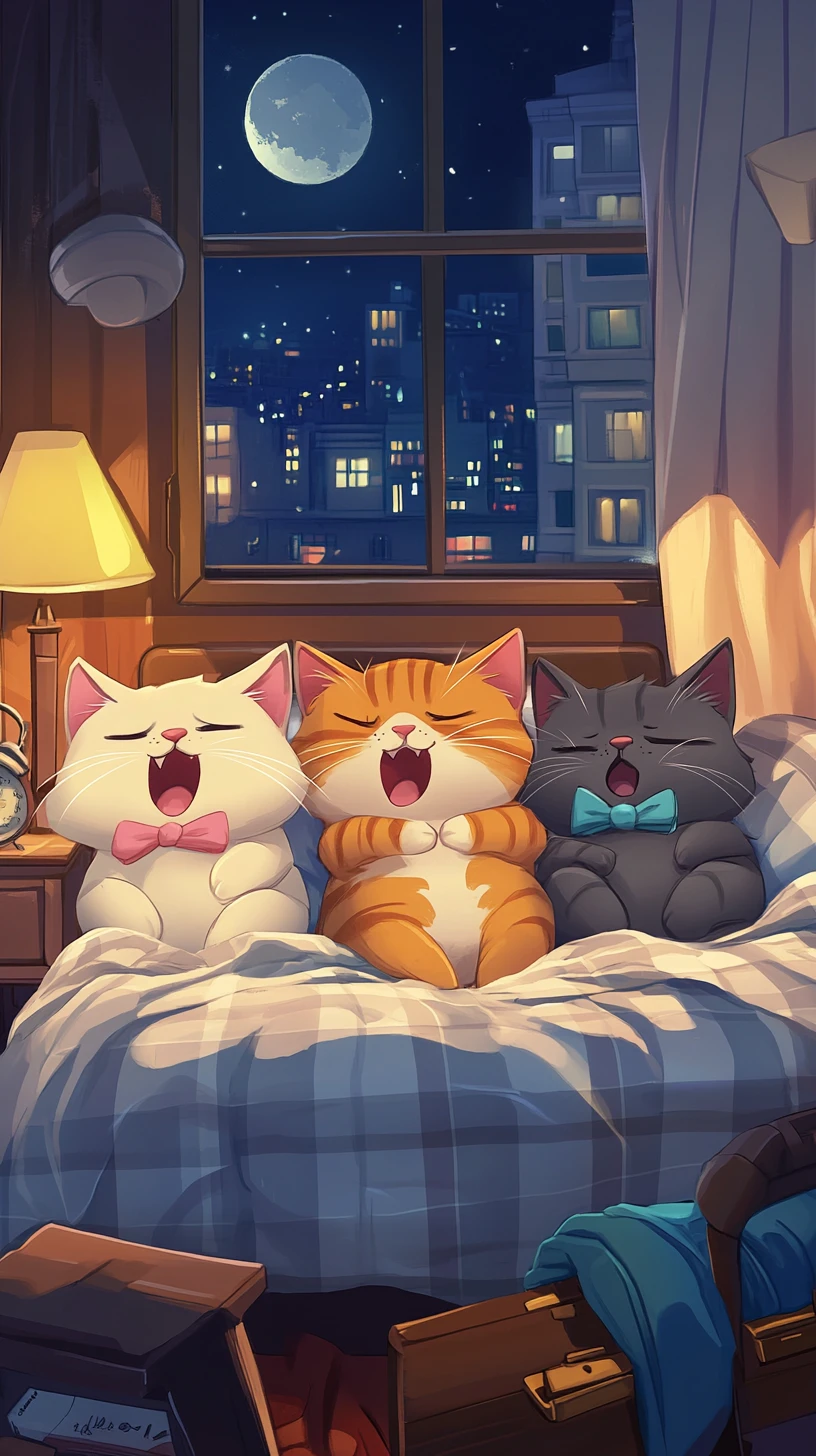 Tres gatos de dibujos animados durmiendo juntos en una cama de hotel acogedora