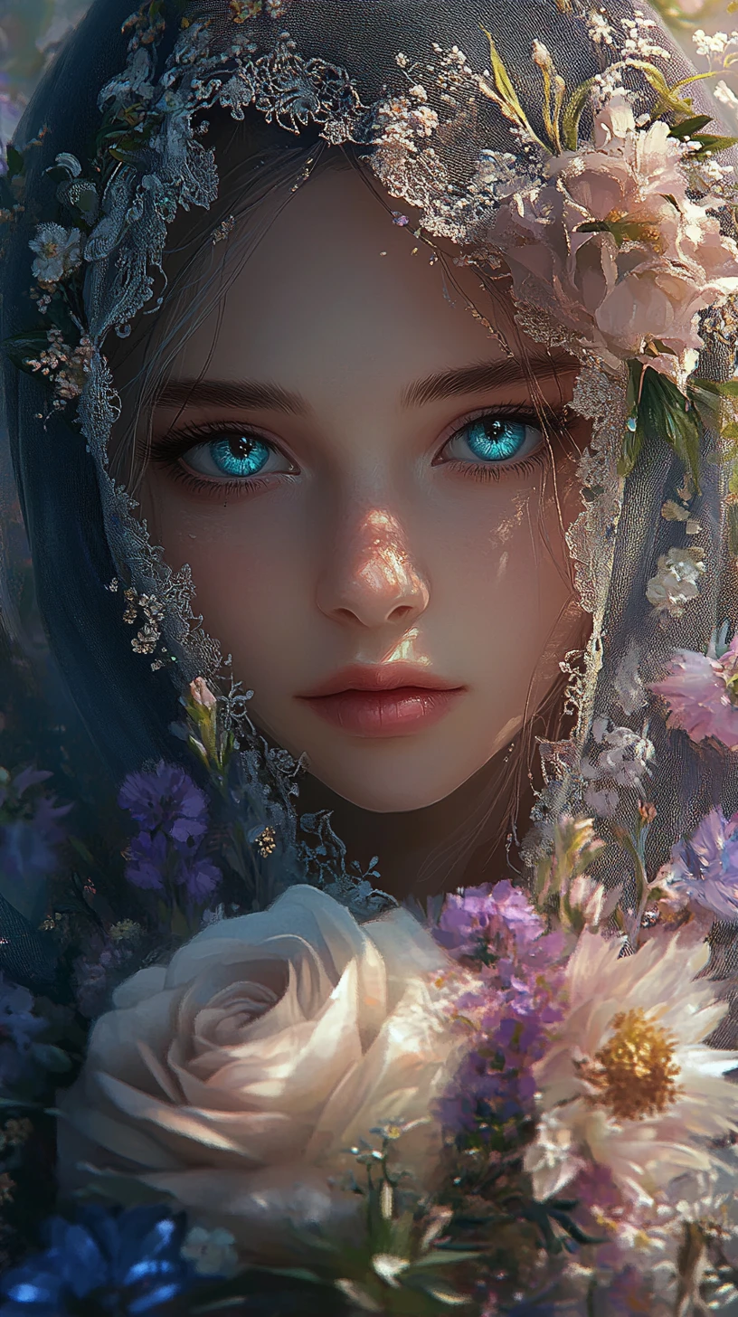 Veiled girl with teal eyes holding flowers in a garden