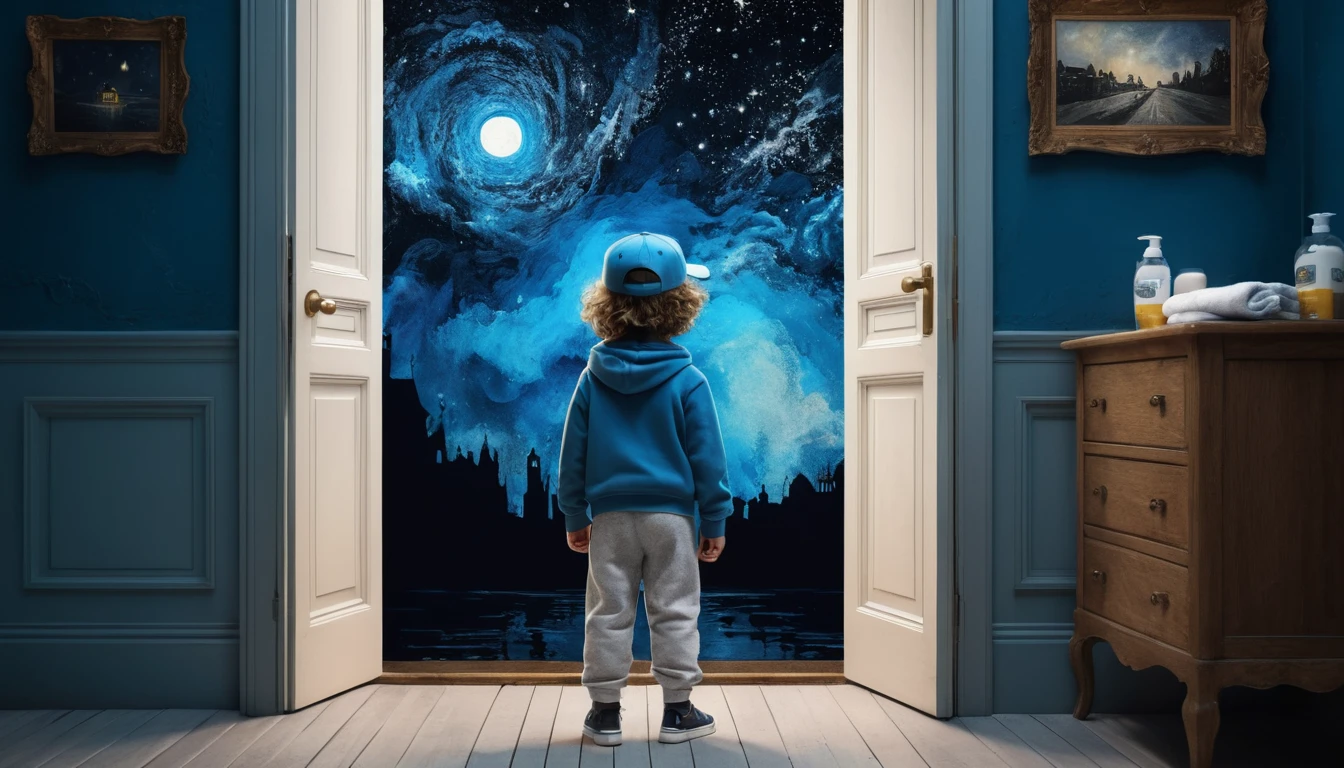 Child gazing at a magical starry doorway in bathroom darkness