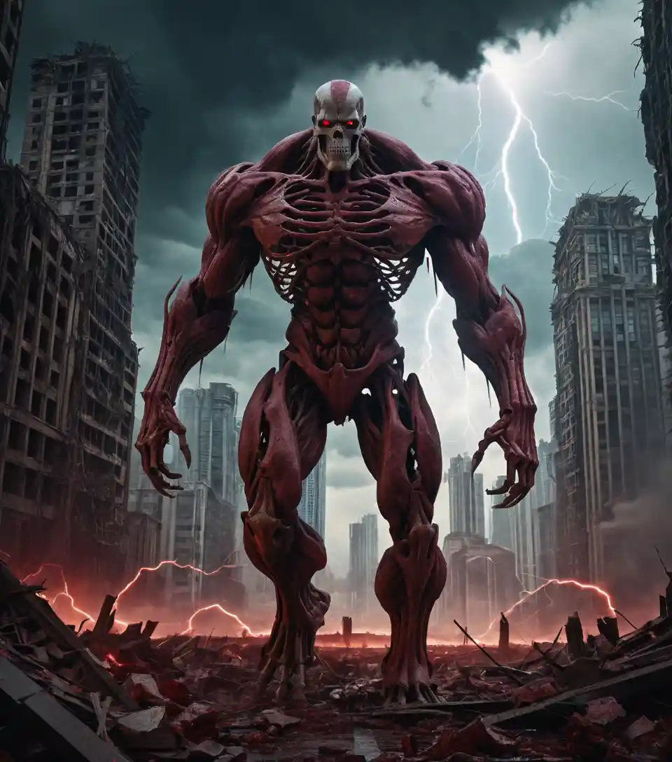 Colossal skeletal titan stalking through a collapsing city