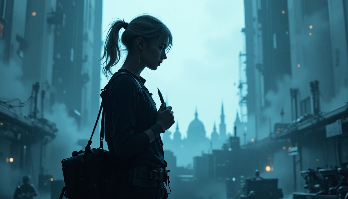 Backlit boy silhouette with stylus before a futuristic city