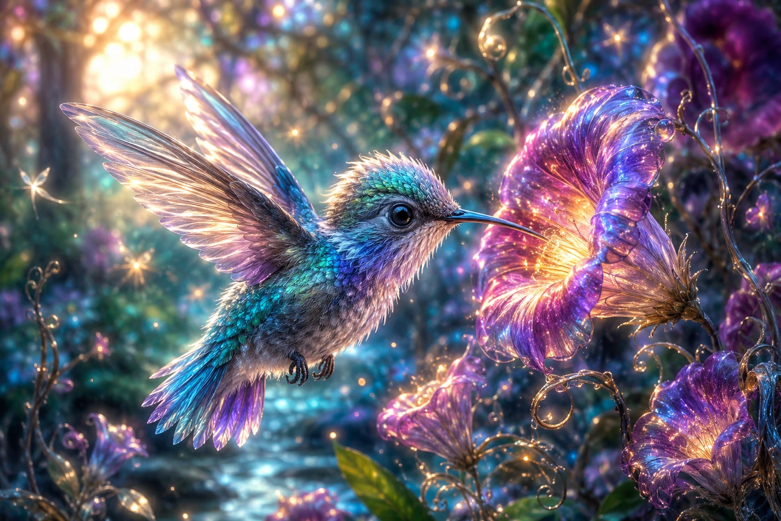 Baby hummingbird by glowing flowers in an enchanted glade