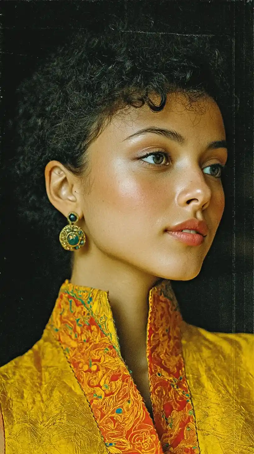 Elegant woman in gold couture dress fashion portrait