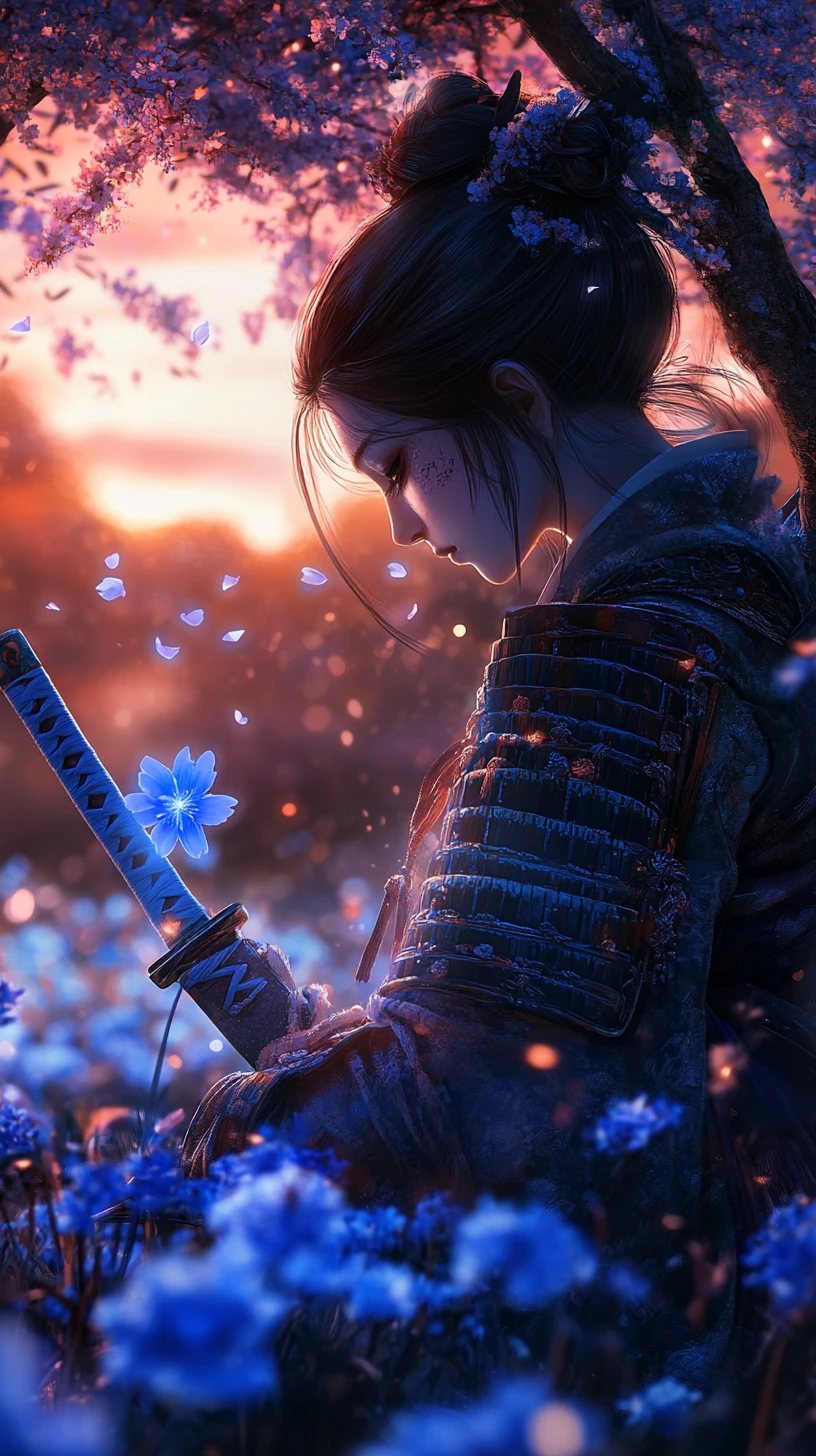 Samurai woman in blue flowers at a melancholic sunset
