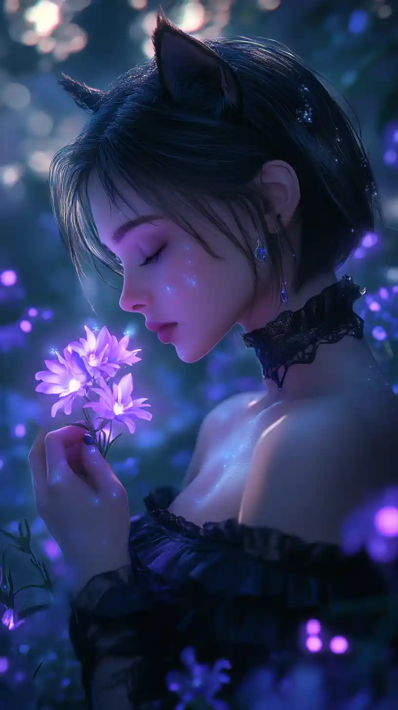 Anime girl holding glowing purple flower in forest