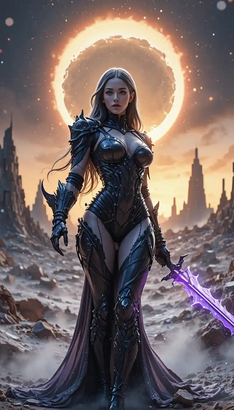 Dark paladin woman with violet runeblade under eclipse