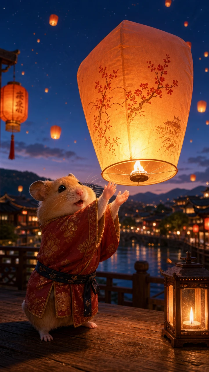 夕暮れに着物を着て提灯を持つかわいいゴールデンハムスター
