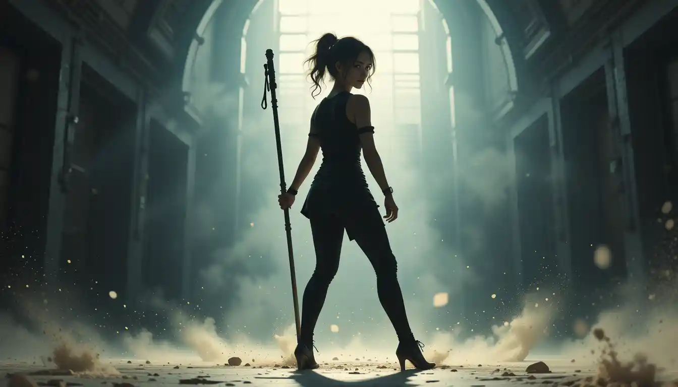 Silhouetted warrior woman poised with staff in training hall