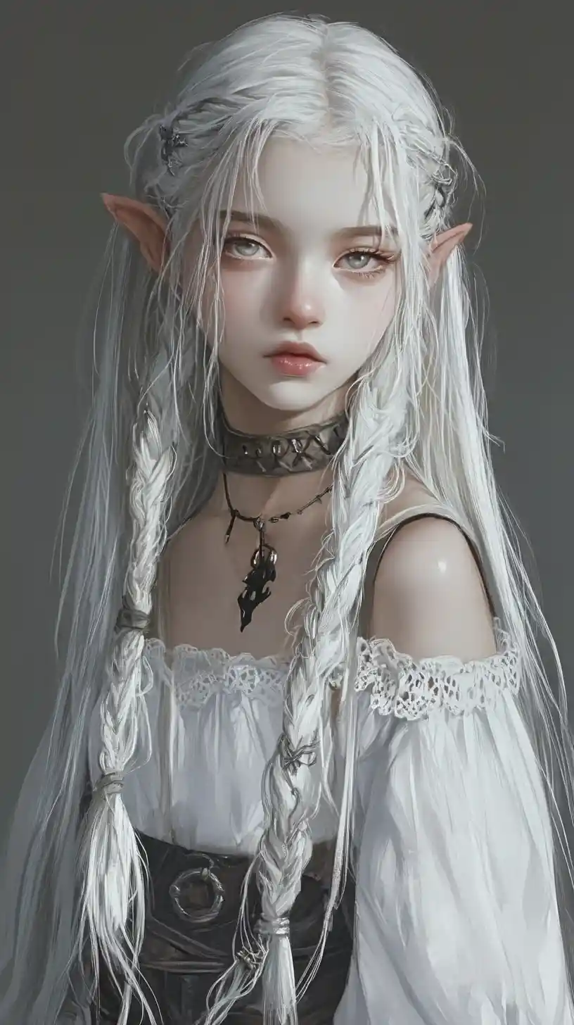 Stoic elf girl in layered tribal fantasy clothing