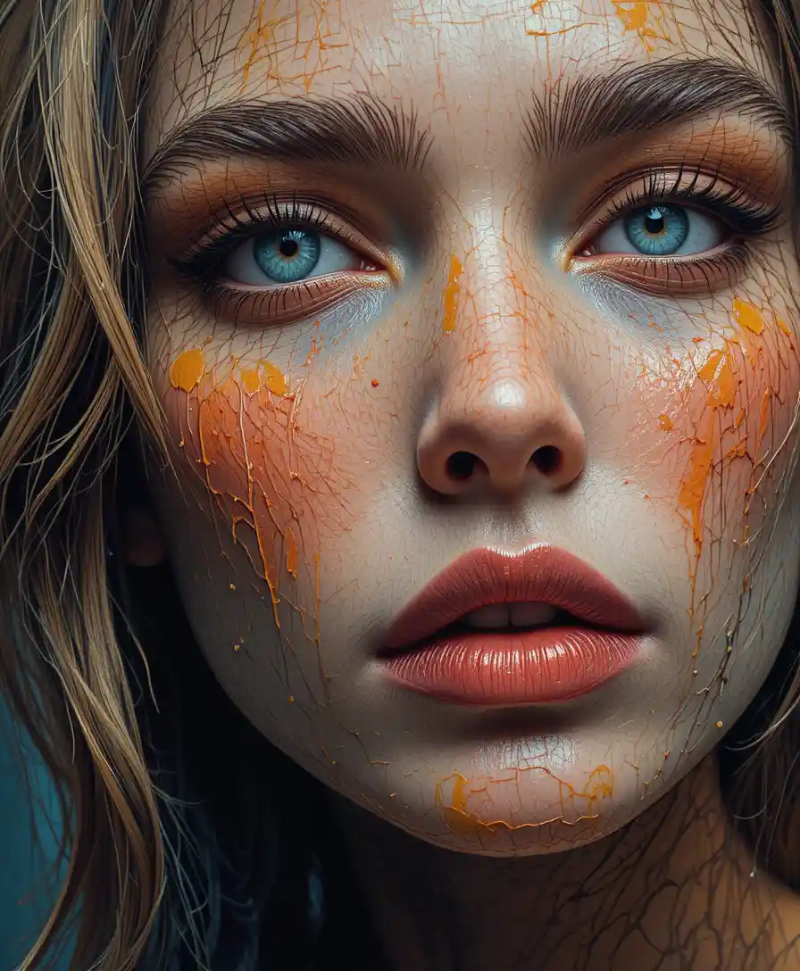 Vibrant mixed media close up portrait with rich texture