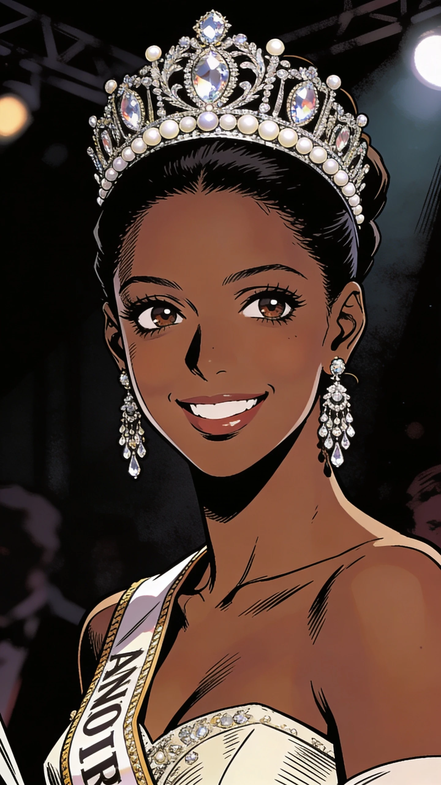Close up of a black beauty queen on dimly lit stage