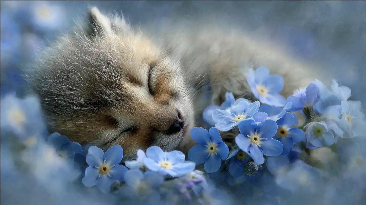 Ethereal being sleeping within a sky blue flower