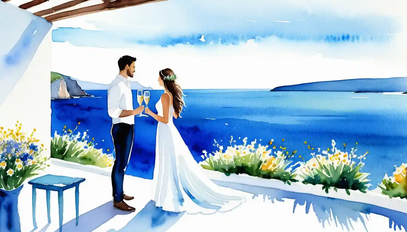 Watercolor couple toasting on oceanfront wedding terrace