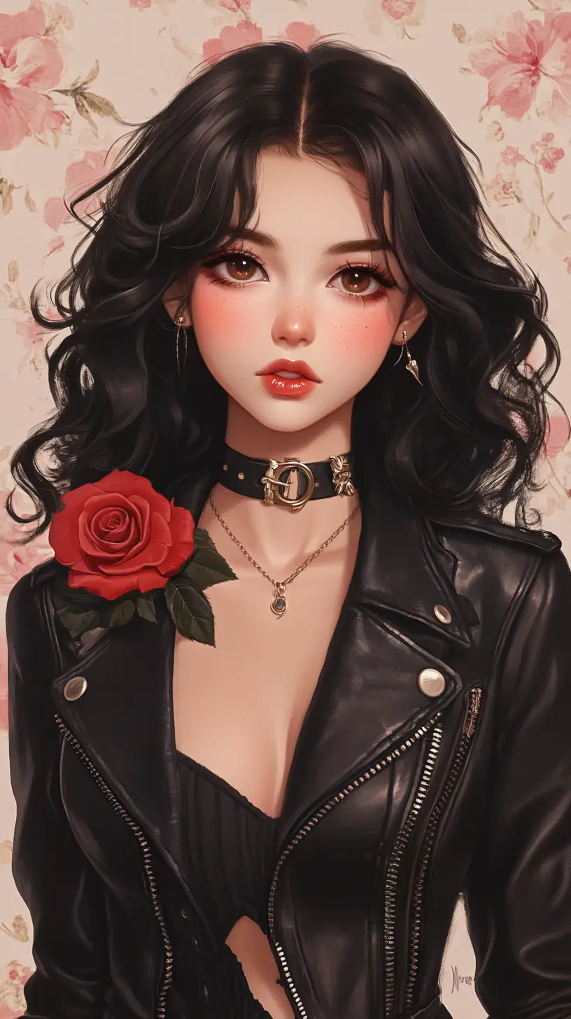 Gothic anime girl in leather jacket with red rose