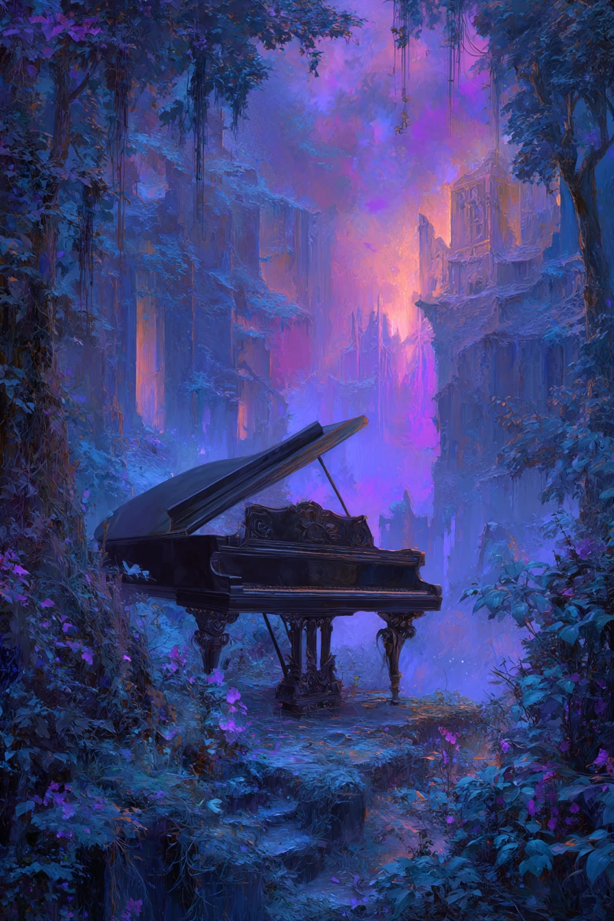 Paisaje onírico surrealista de naturaleza e instrumentos musicales