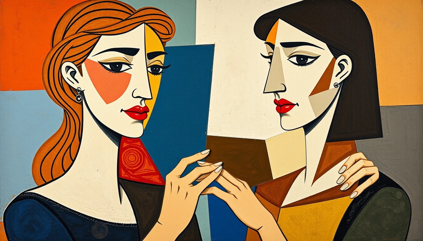 Retrato cubista de duas mulheres em interação íntima