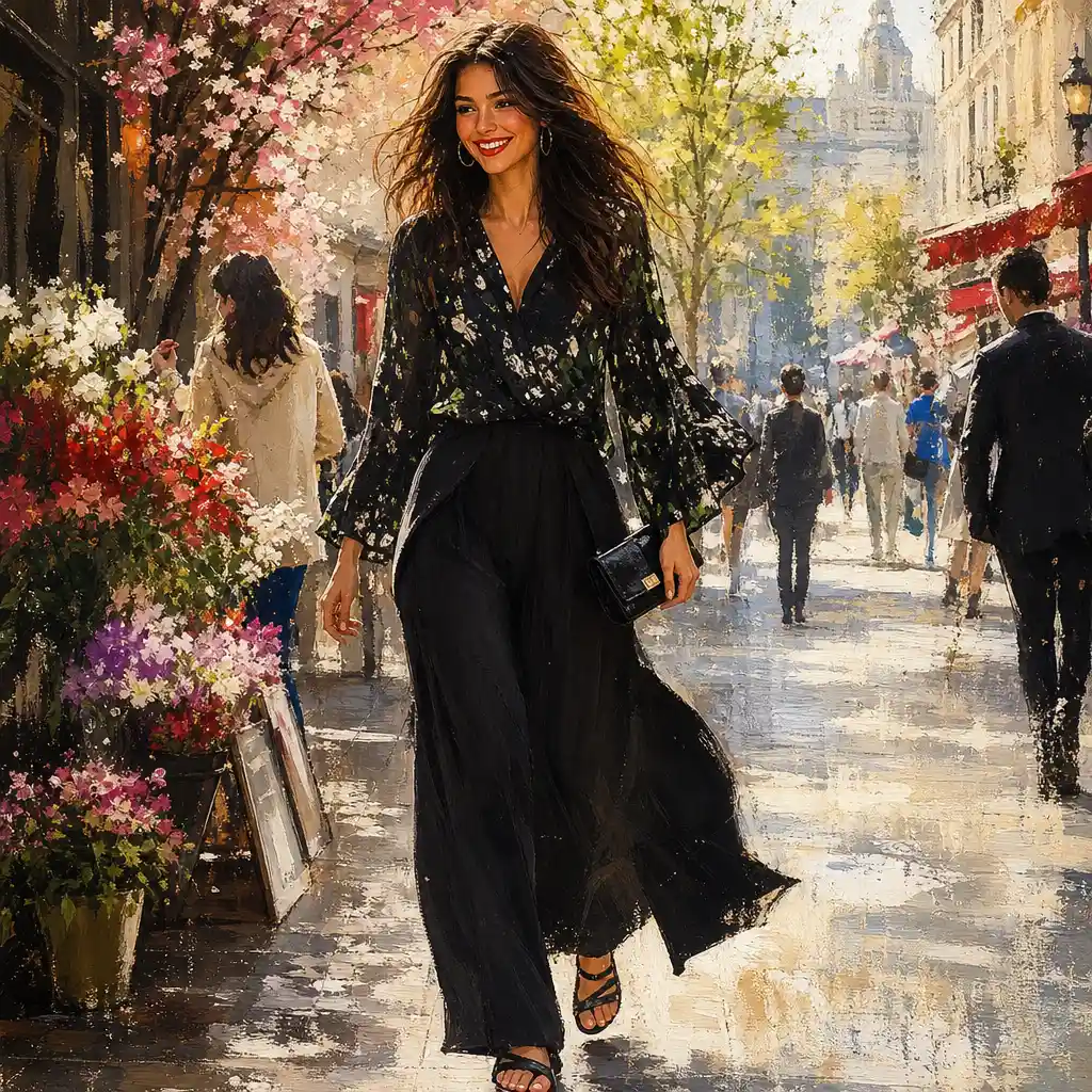Stylish woman walking on a city street in spring