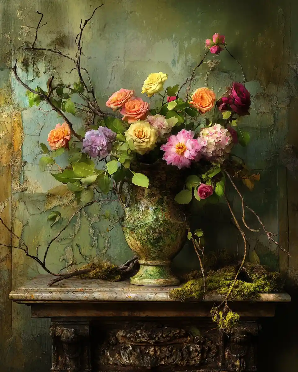 Baroque floral still life with weathered classical vase