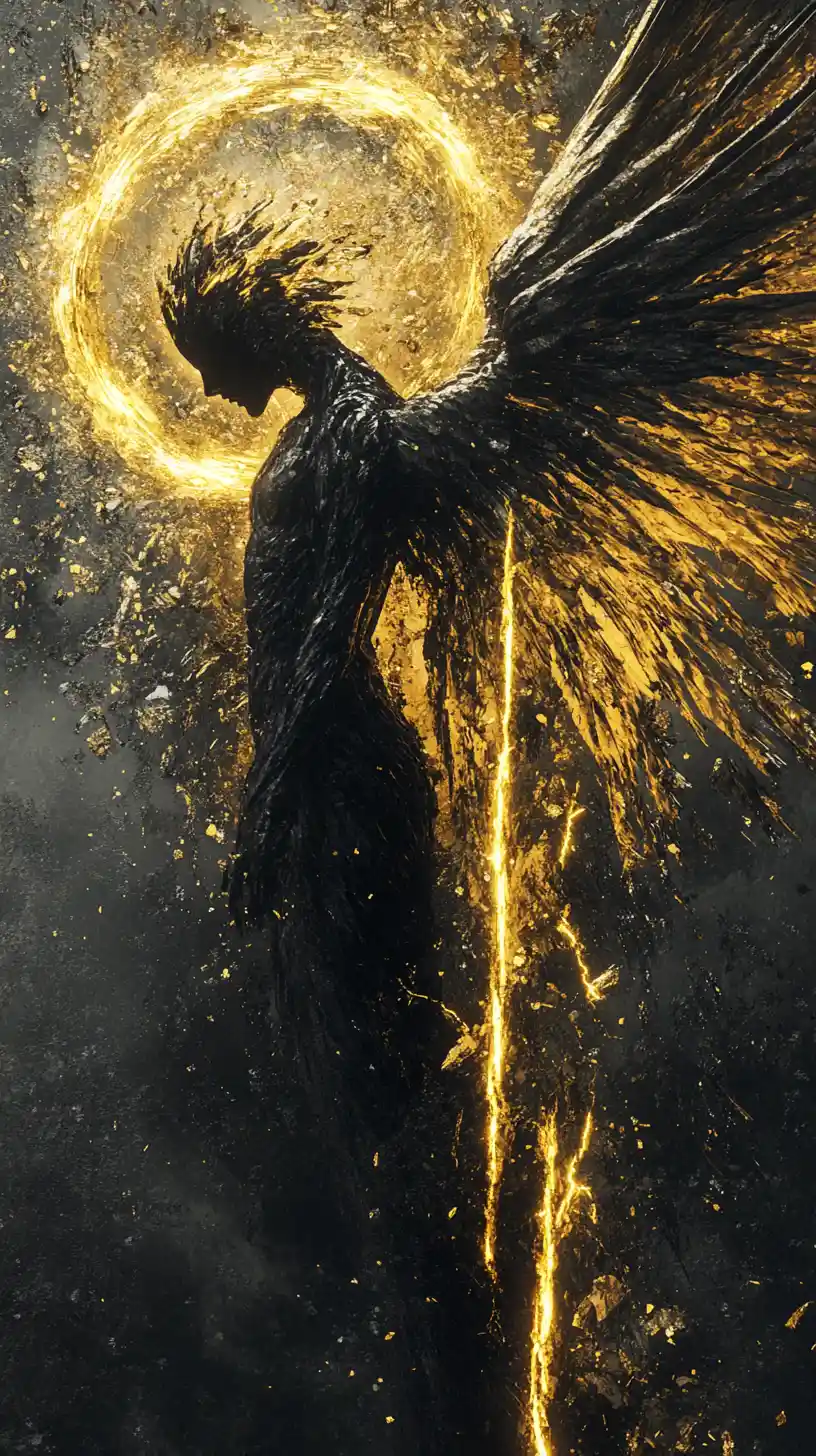 Fallen angel split by glowing energy in dramatic descent