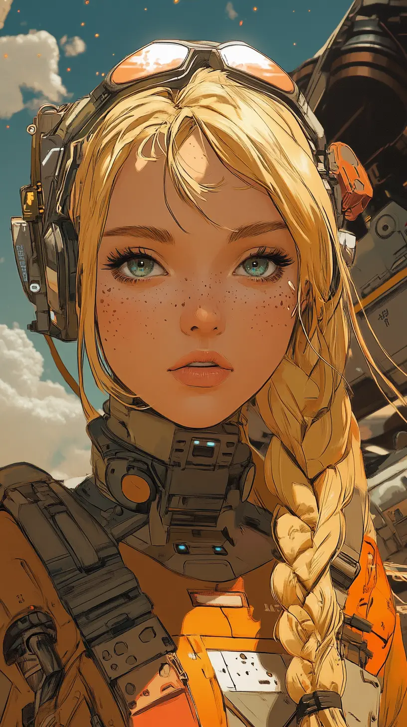Exploradora del desierto estilo anime en un aeródromo futurista