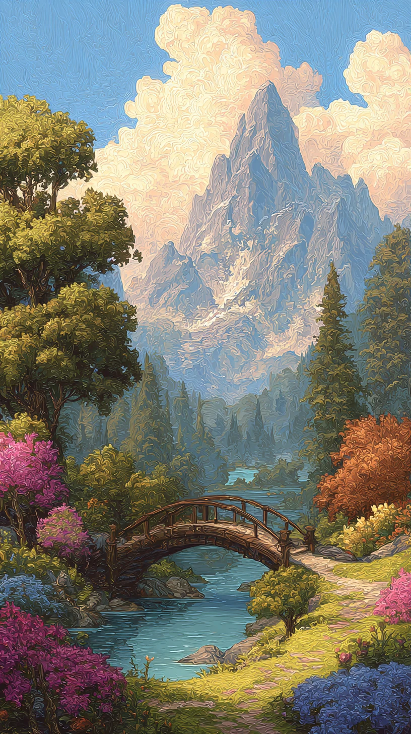 Dreamlike river landscape with mountains and forest