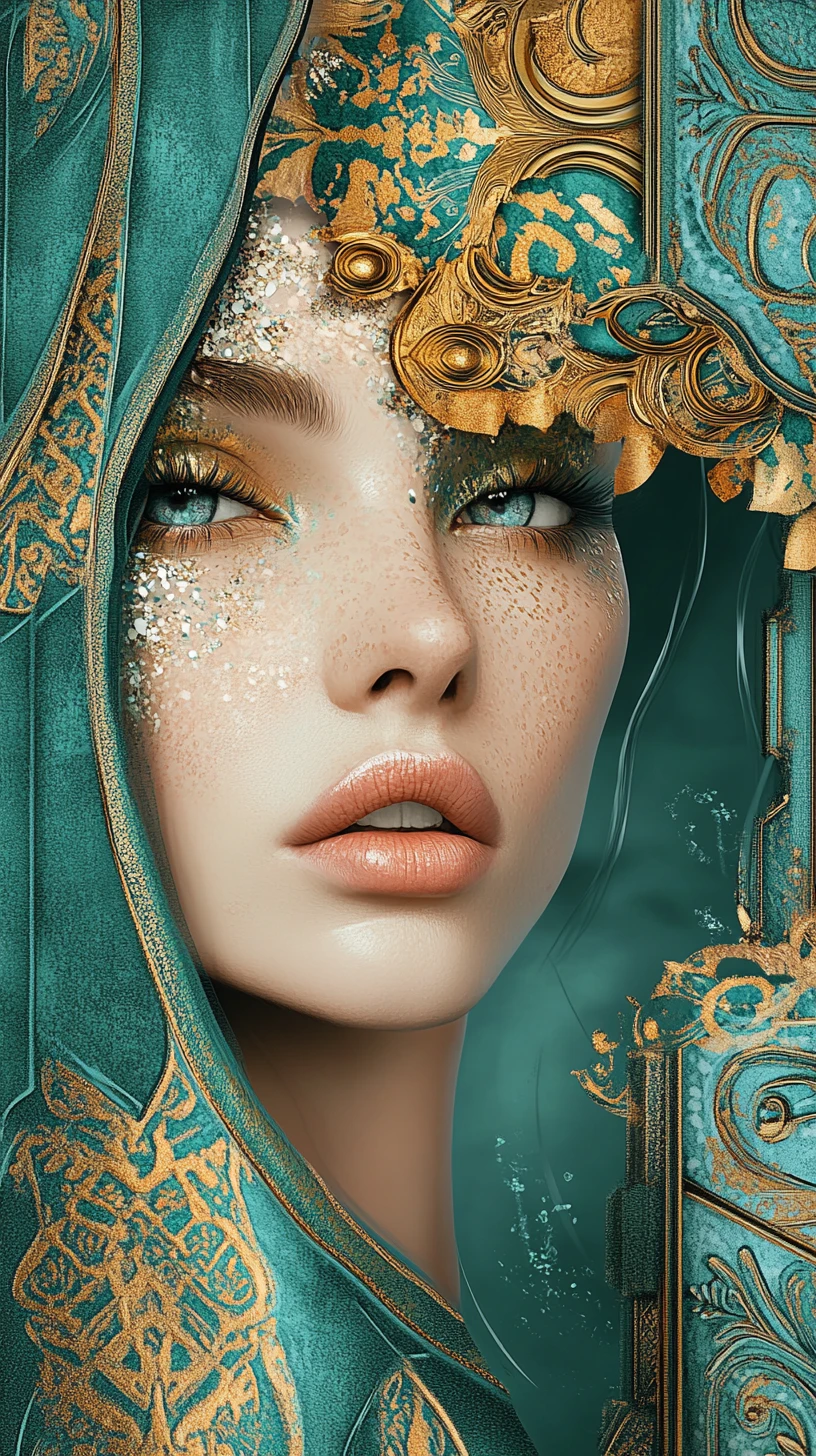 Psychedelic fashion portrait with ornate teal and gold backdrop