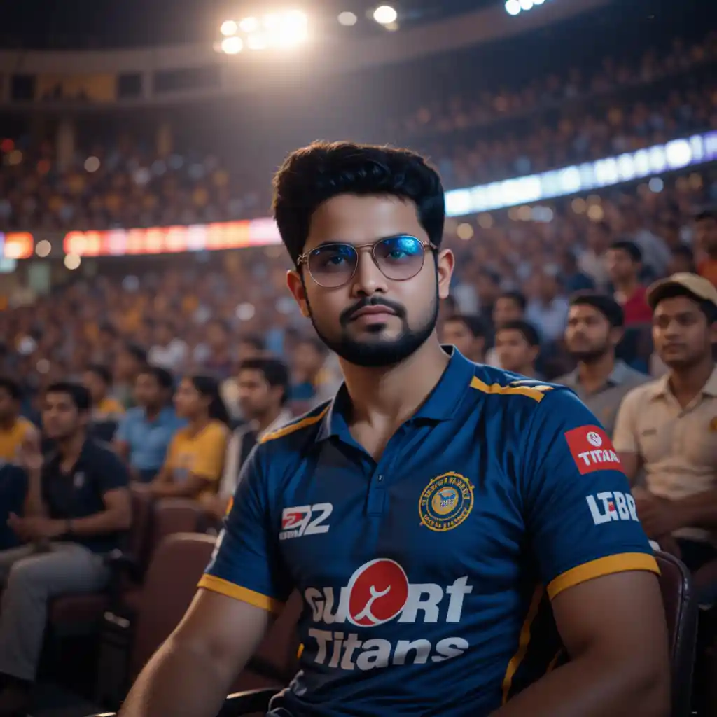 Young man watching cricket match in crowded stadium