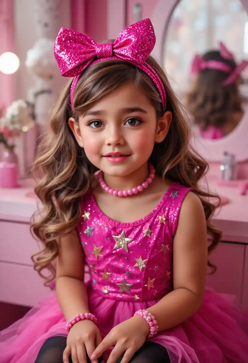 Tween girl in pink dress at glittery vanity mirror