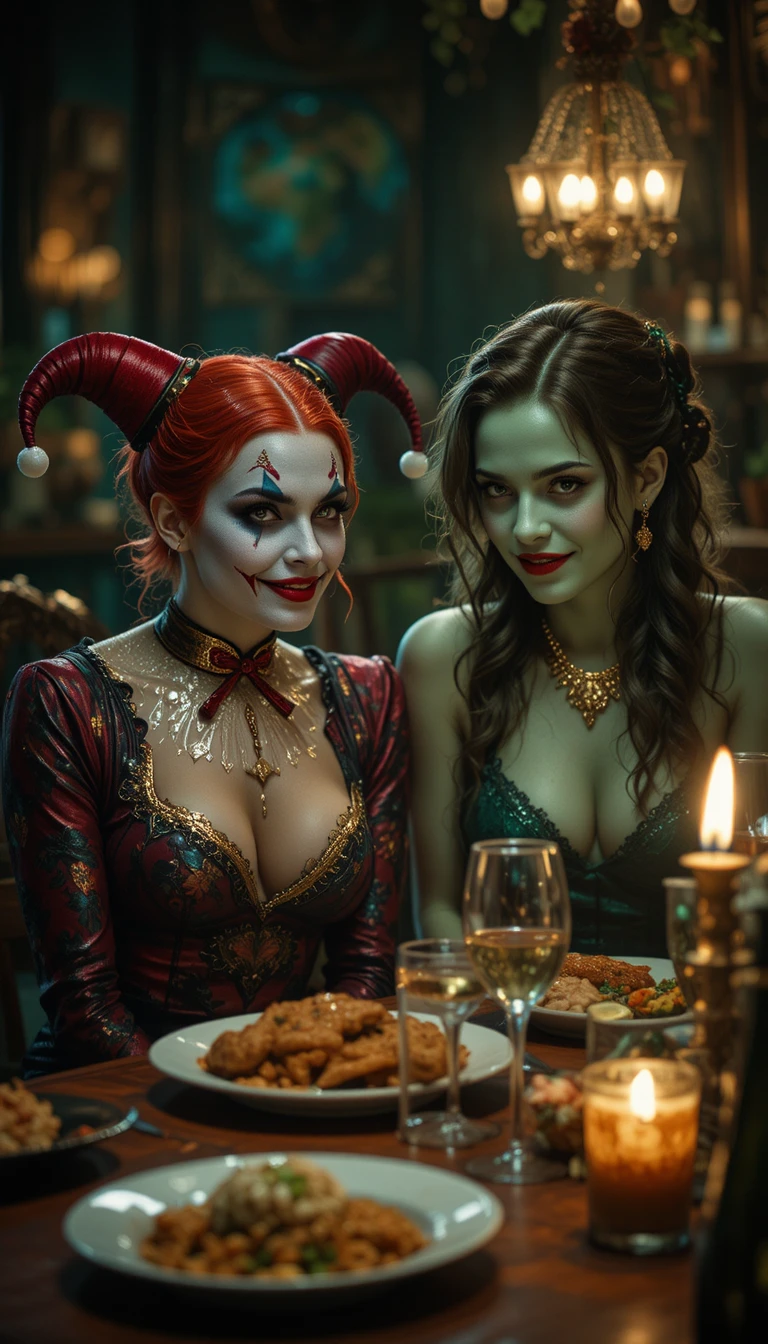 Fantasy women with jester makeup sharing a quiet dinner