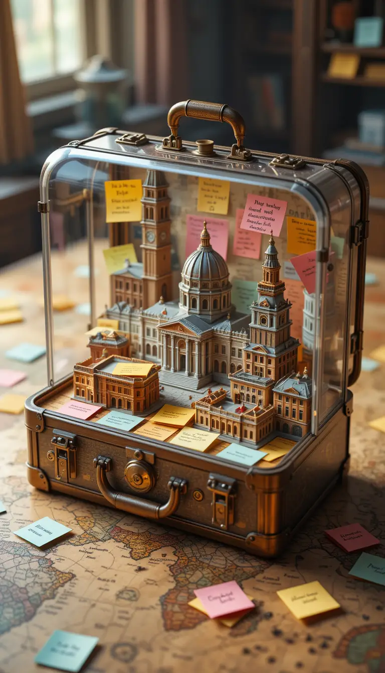 Transparenter Steampunk‑Koffer mit schwebenden Notizzetteln und Miniaturen