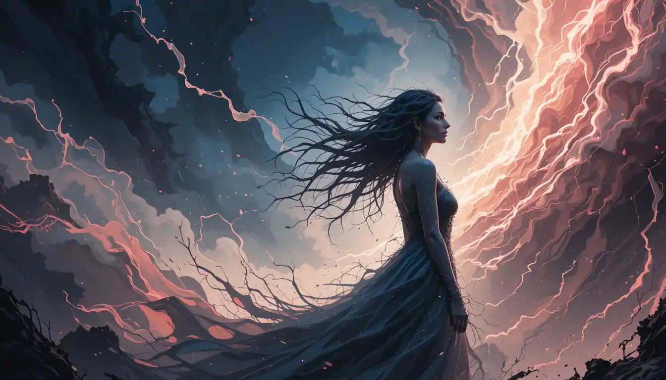Womanly silhouette dissolving into storm light and shadow