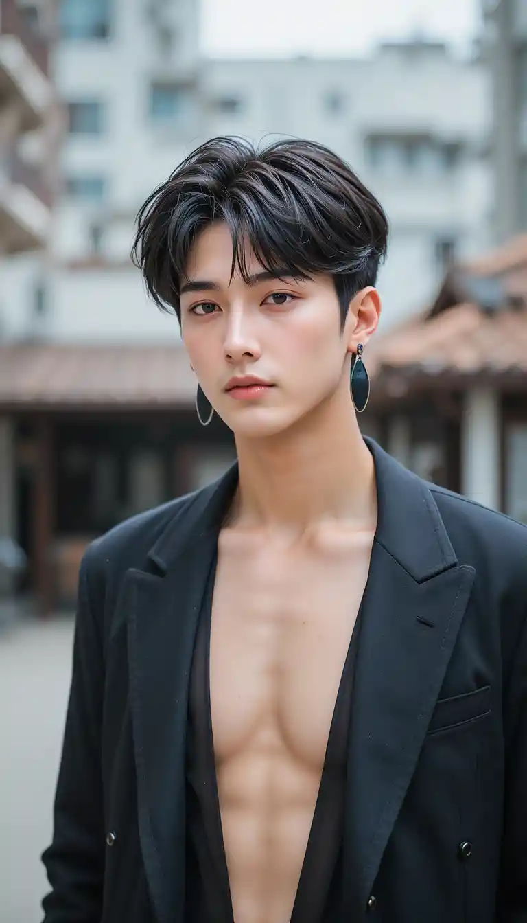 Jovem coreano estiloso em retrato ao ar livre