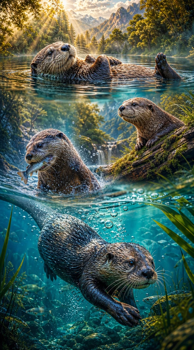 Otter Floating Peacefully On A Sunlit Mountain Lake