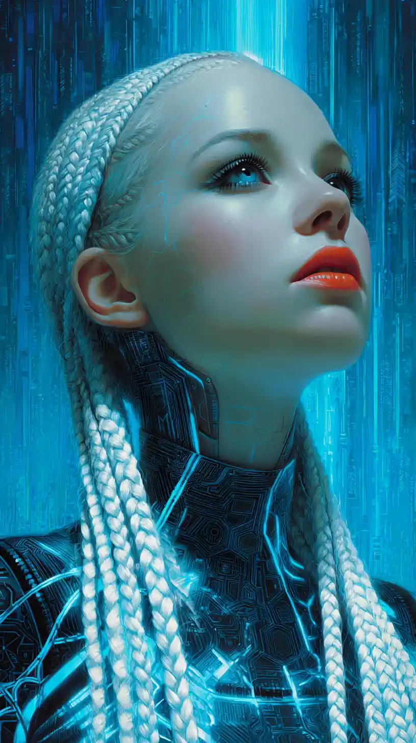 Cyberpunk android girl with neon braids in digital city