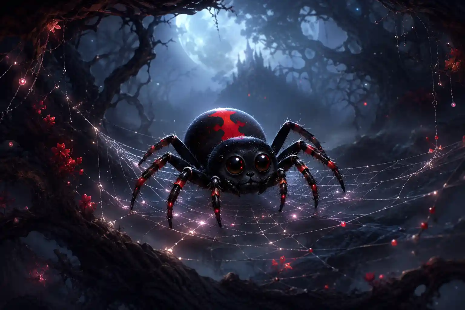 Cute black widow spiderling on a glowing web at night