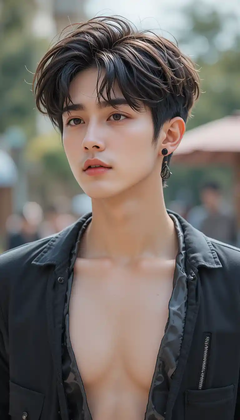 Stylish young man portrait with open neckline outdoors