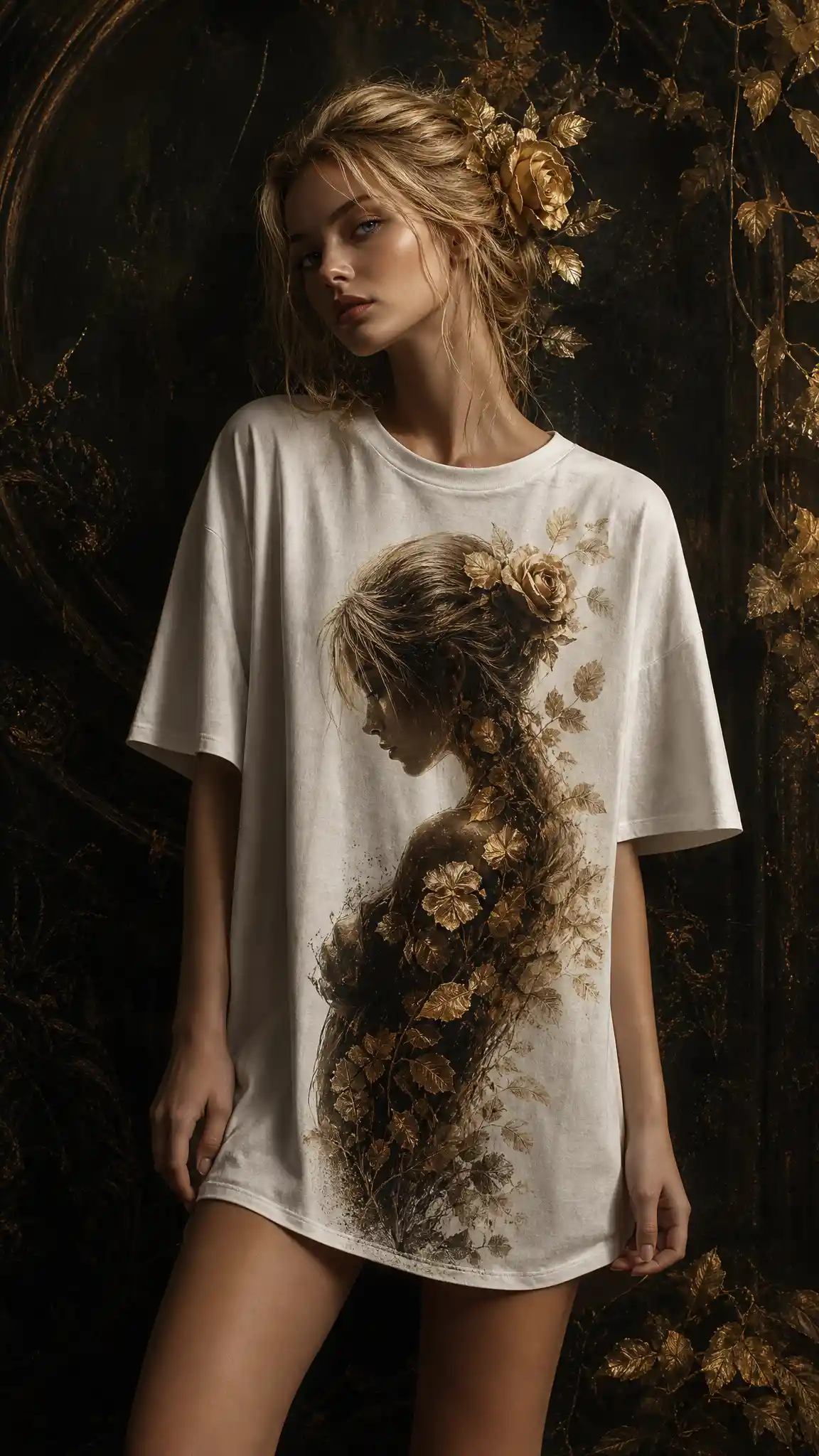 Golden haired woman in white t shirt dark fantasy illustration