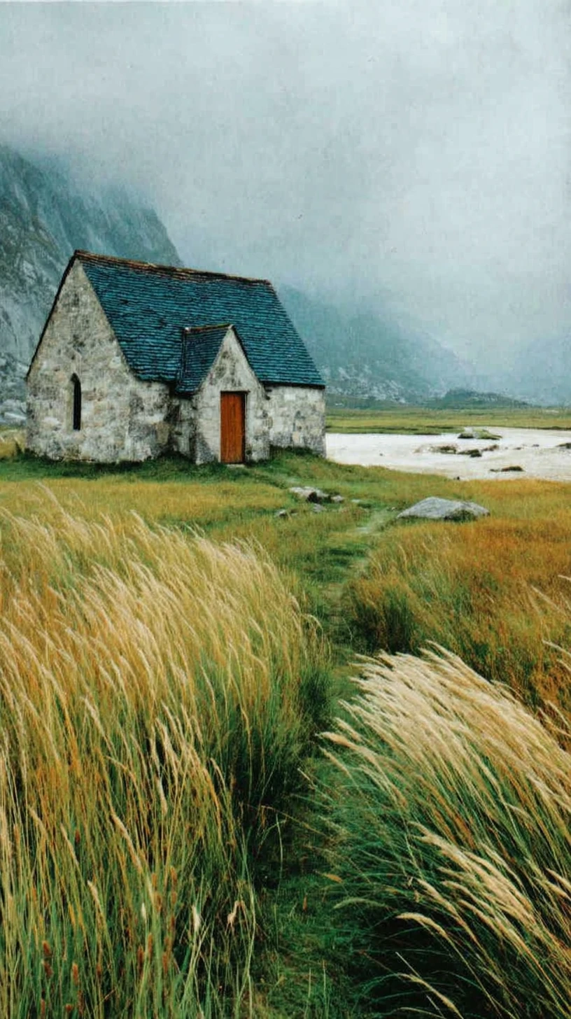 Foggy rural chapel in a quiet Scottish meadow