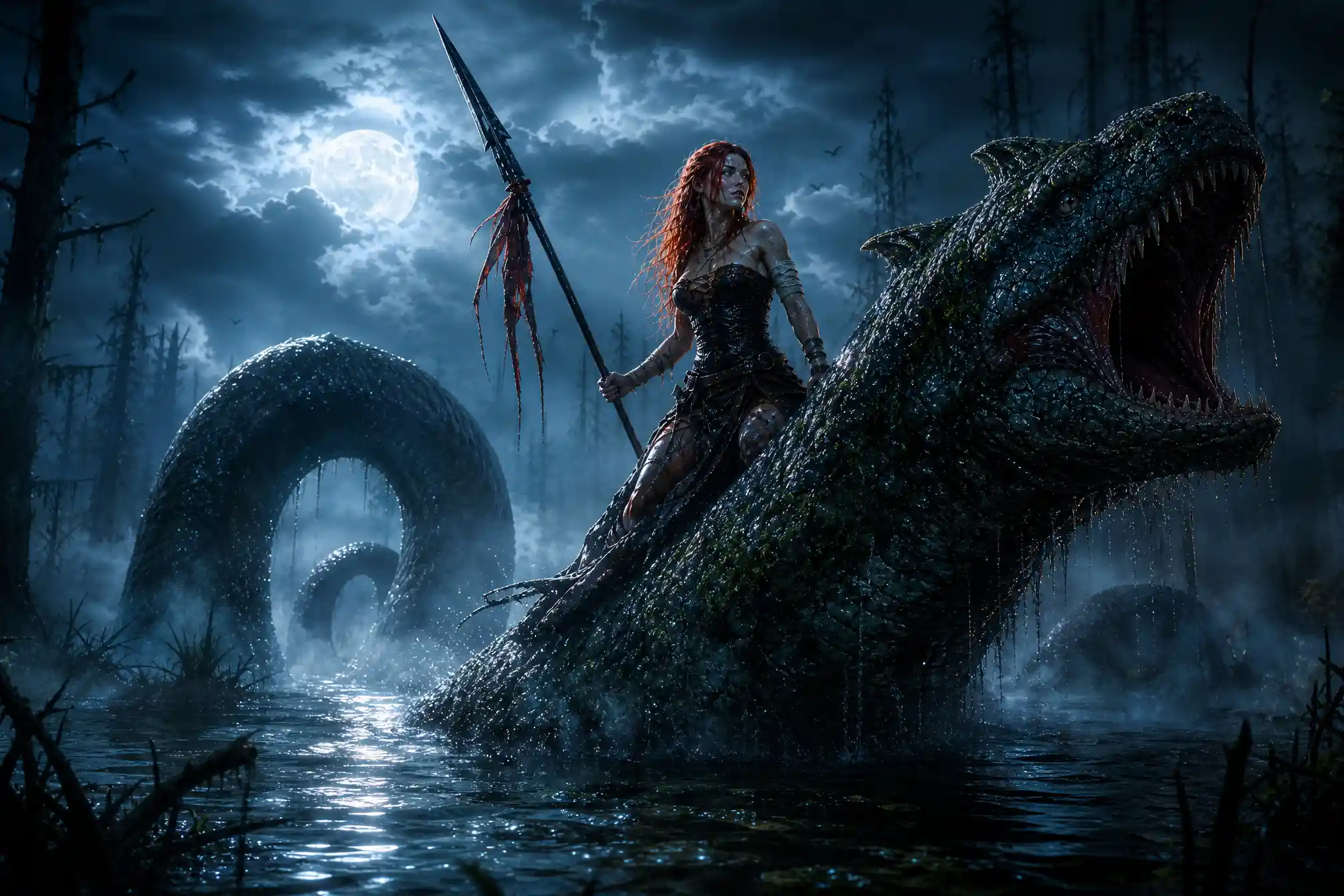 Red haired warrior riding a sea serpent in swamp