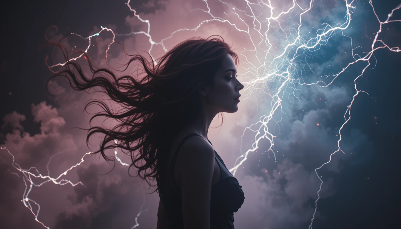 Female silhouette dissolving into storm light and shadow
