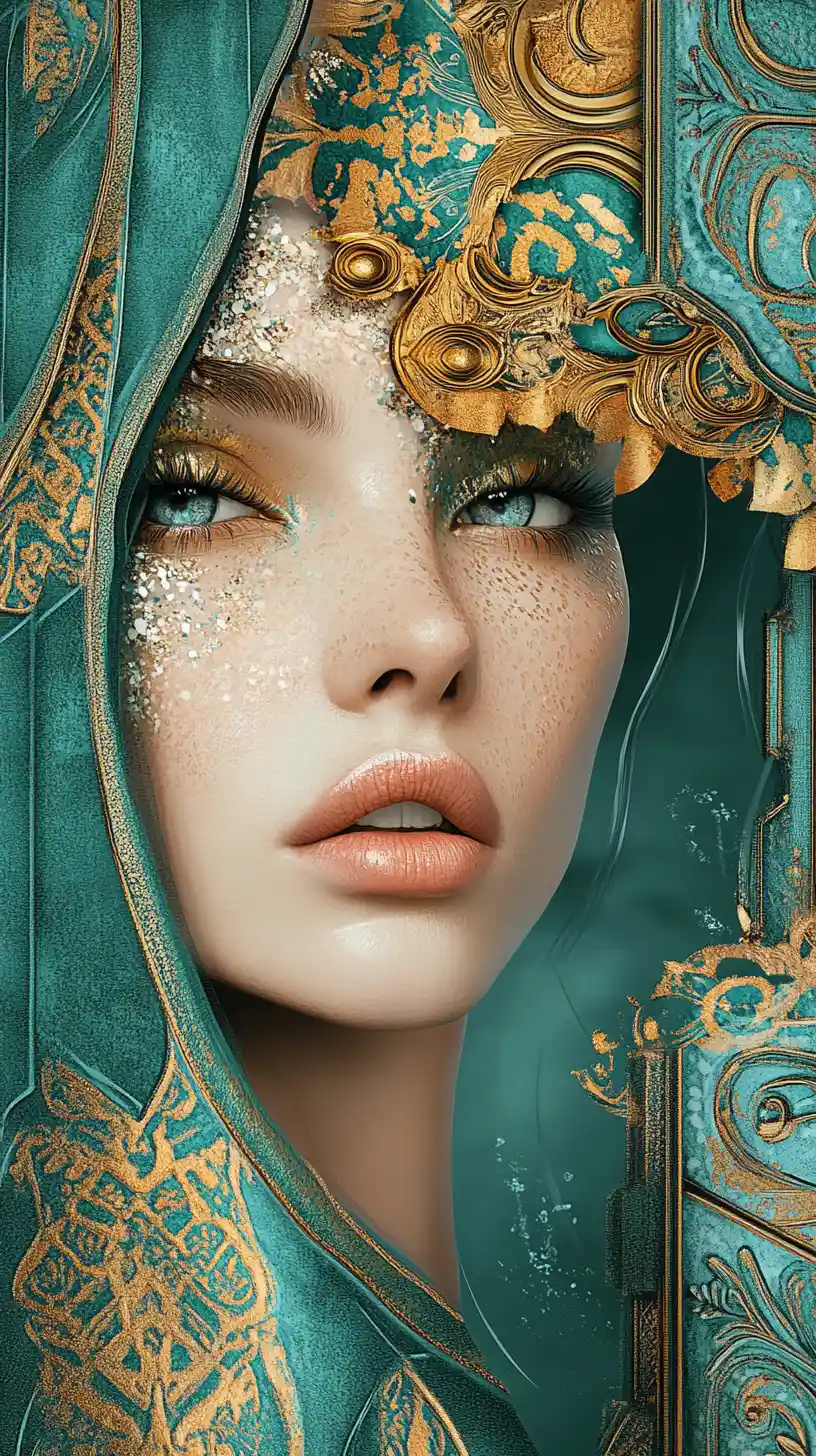 Psychedelic fashion portrait with ornate teal and gold backdrop