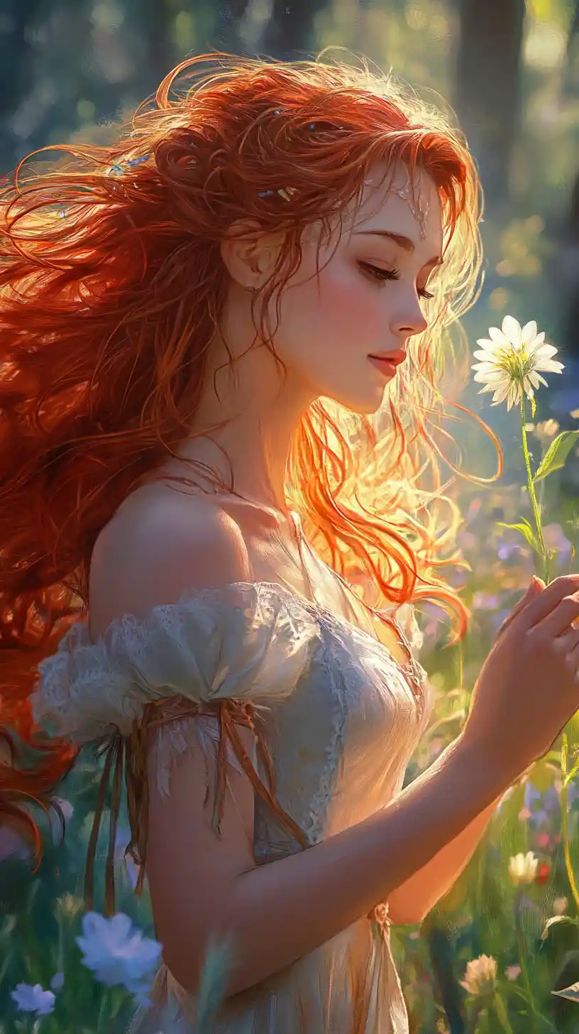 Red haired anime woman standing in a summer flower field