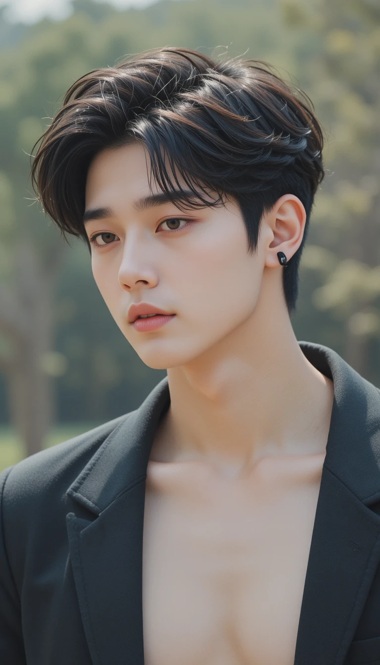 Stylish young Korean man in outdoor half body portrait