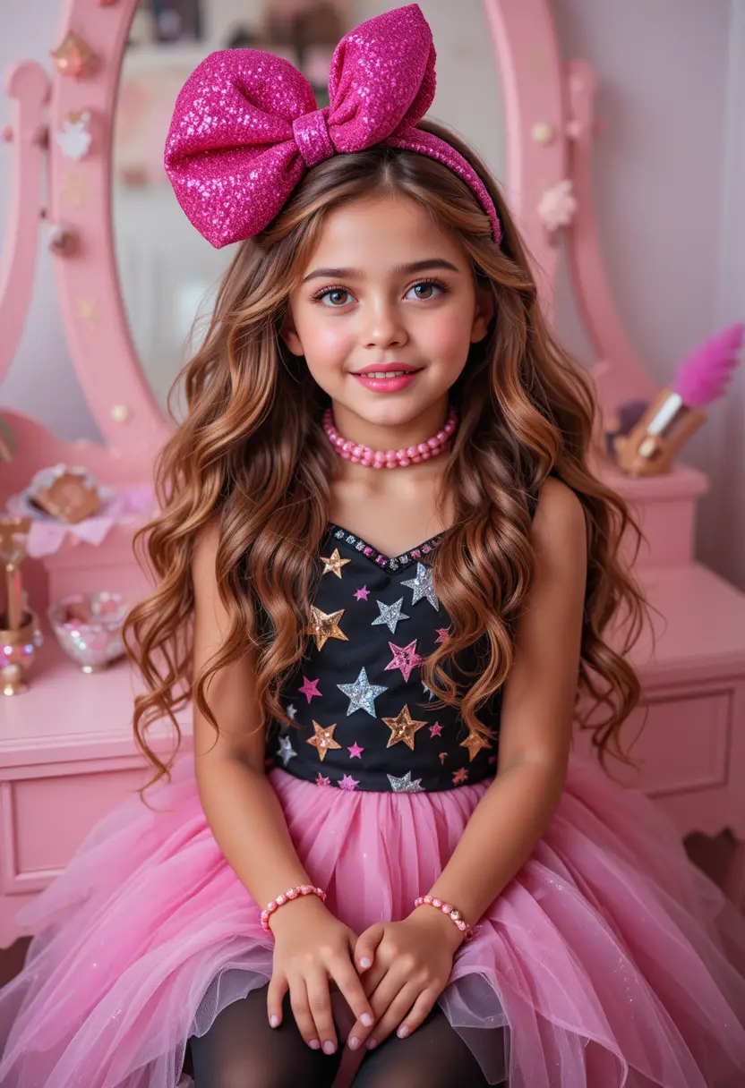 Shy tween girl in pink dress at glittery vanity mirror