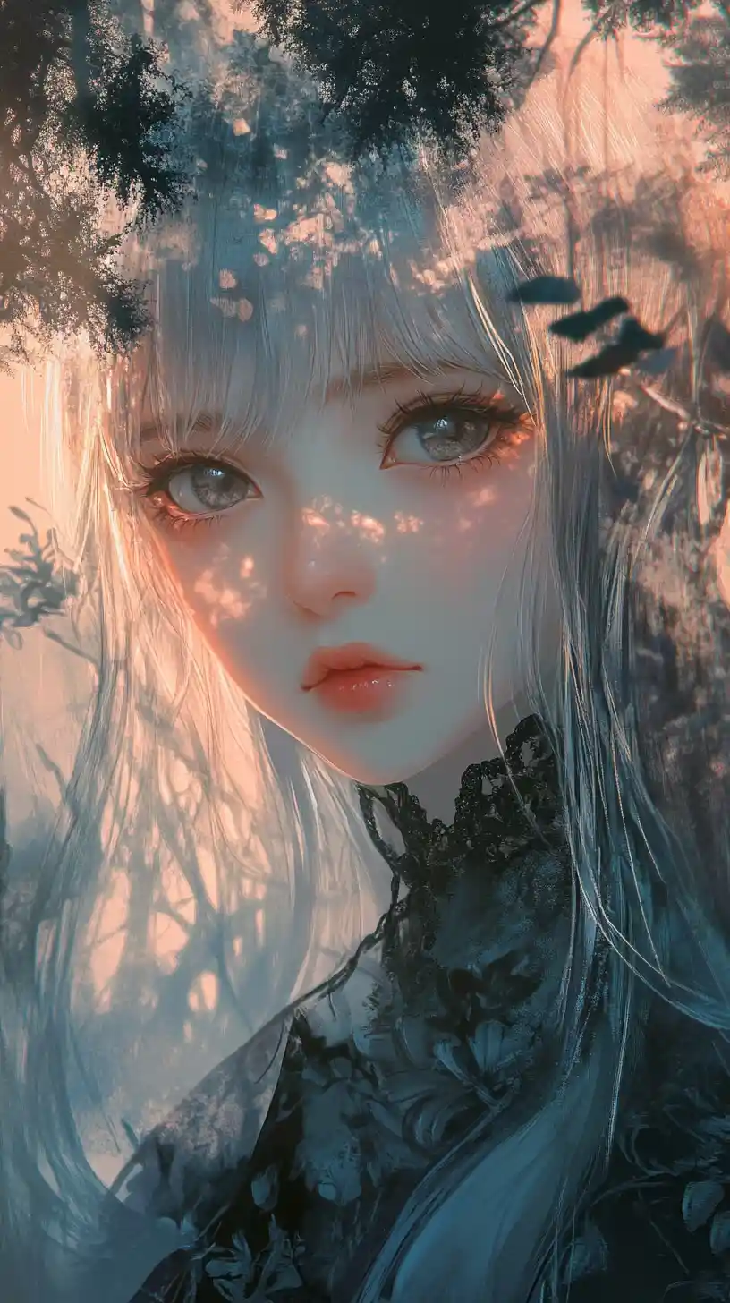 Anime girl portrait with ethereal double exposure forest