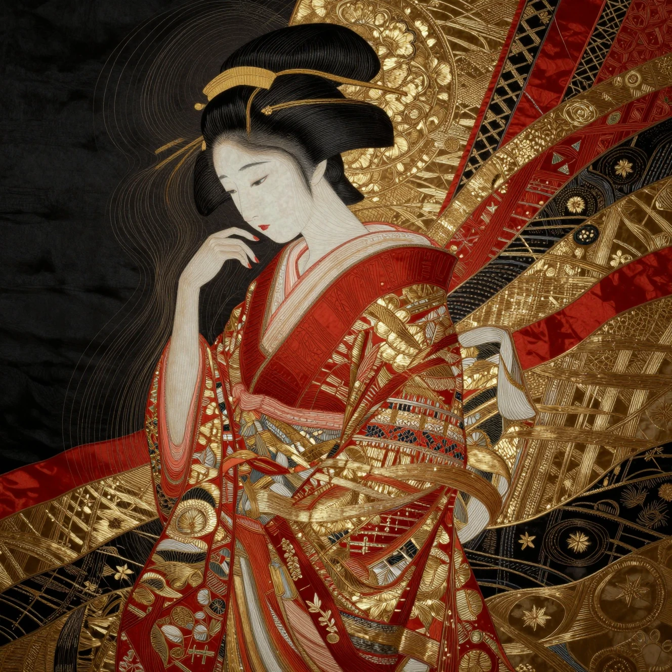 Melancholic geisha portrait in intricate Japanese textile art